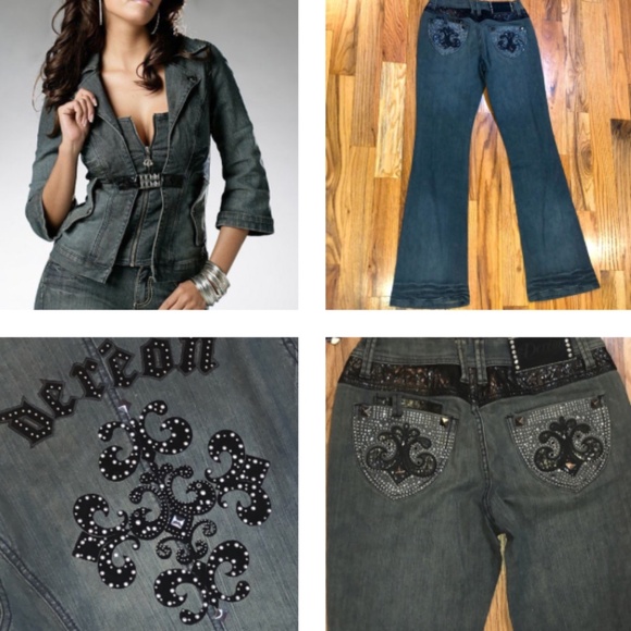NEW Dereon Beyonce Y2K 2 piece set denim suit Jacket L / 6 bootcut Jean Outfit - Picture 1 of 17